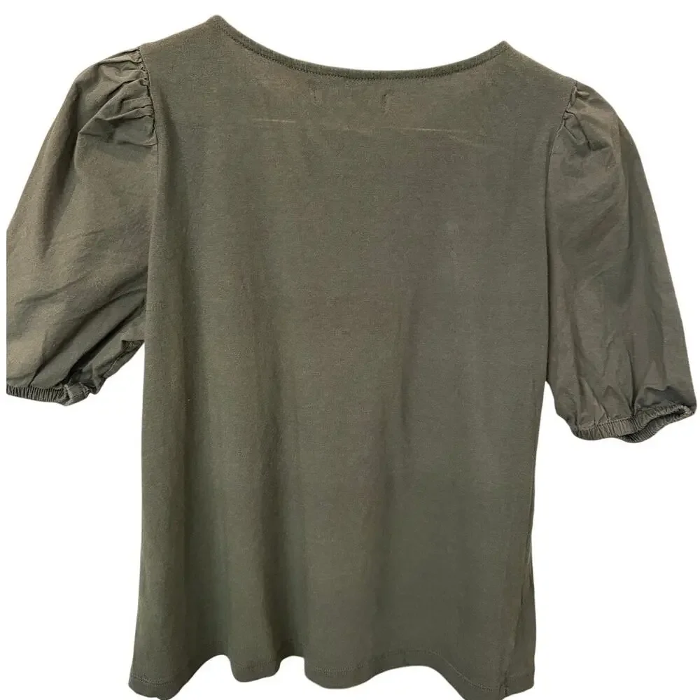 Banana Republic Olive Green Puff Sleeve Tee S Cotton Modal Crewneck Top EUC